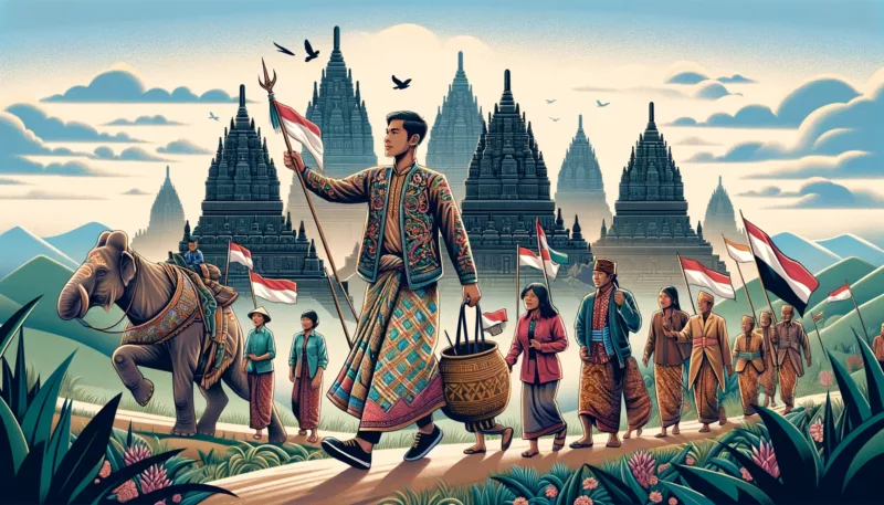 ilustrasi yang menampilkan keragaman budaya Indonesia seperti dilihat oleh dunia